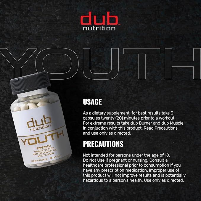 Youth - Formula with Acai, Resveratrol, Curcumin, Vitamins A, C, D, E, B12, and CoQ10 - Supports Immunity and Mobility - 90 Capsules