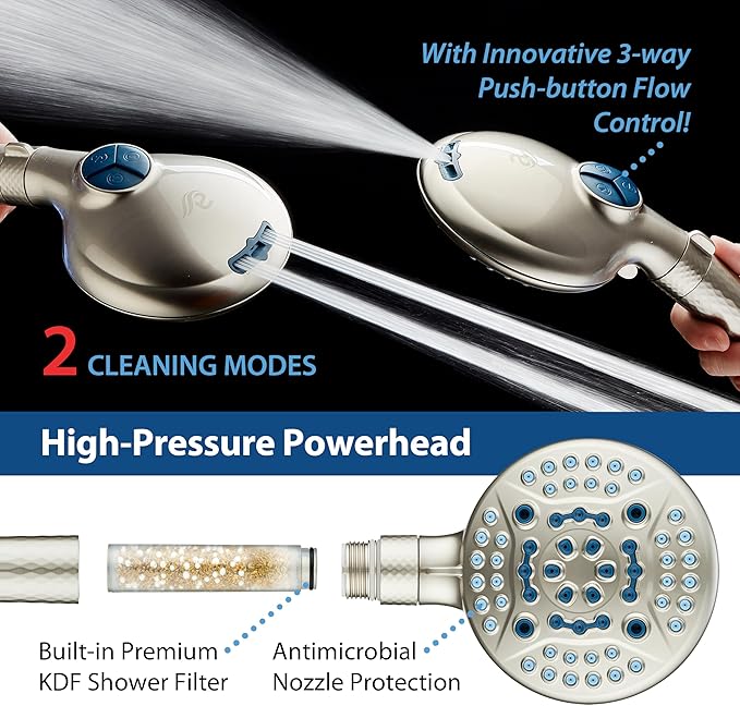AquaCare High Pressure 6-way Dual Shower Head Combo with Built-in Filter & Power Wash - Clean Tub, Tile & Pets. Remove Chlorine, Lead & Toxins from Water to Protect Skin, Hair, & Nails. Nickel Finish