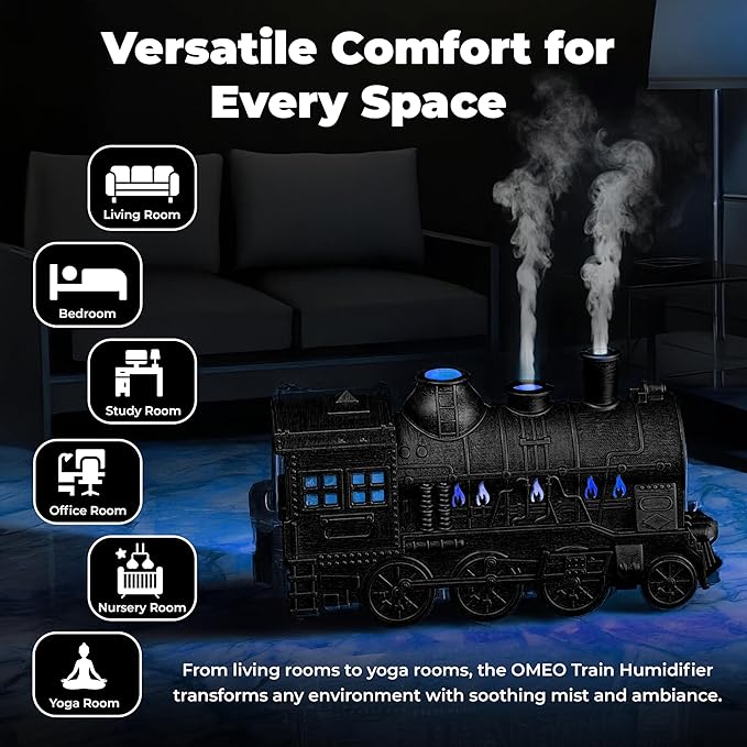 OMEO Black Small Train Aromatherapy Humidifier & Essential Oil Diffuser - Dual Mist, Quiet Ultrasonic, 300ML Tank, Remote Control, LED Light, Air Purifier for Home, Office, and Bedroom Use