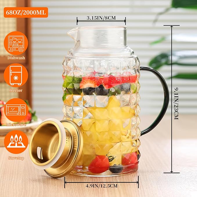 2 Pack 68oz/2L Glass Pitchers with Lids - Borosilicate Heat Resistant, Water Pitcher with Green Handle for Fridge, Iced Tea, Cold Brew & Lemonade - Home Kitchen Essential