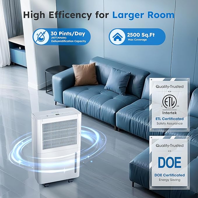 2500 Sq.Ft Dehumidifiers with Drain Hose for Home, 30 Pints Large Room Dehumidifier with Smart Humidity Control, 24H Timer, 3 Working Modes for Bathroom & Bedroom