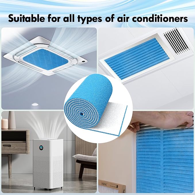 2PCS 12 x 120" Air Vent Filters, Cut-to-Size MERV 8 Filter Material, Triple Layer HVAC Furnace Vent Filters for Home, Floor, Ceiling, Grilles - Includes 48PCS Adhesive Hook Tape.