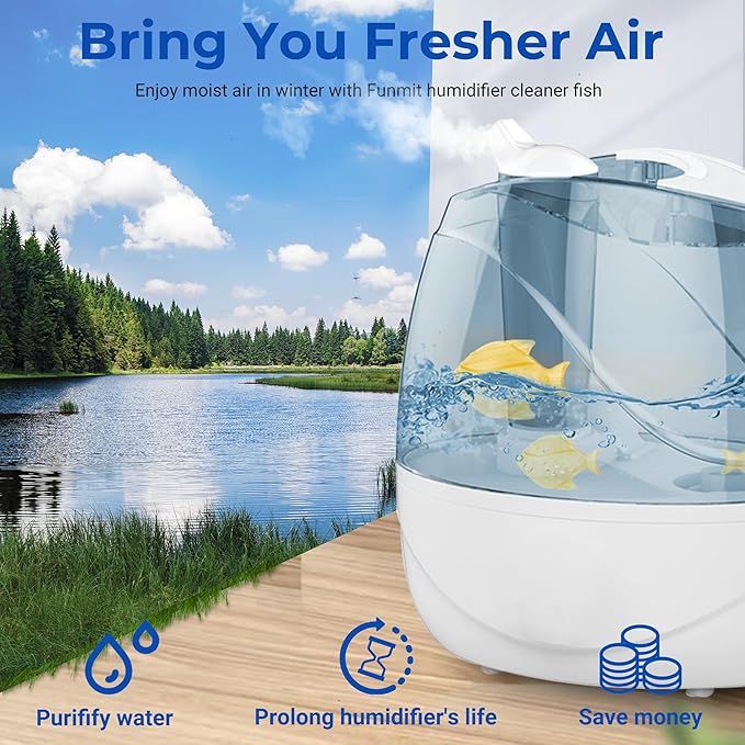 12 Pack Universal Humidifier Cleaner Fish Compatible with Almost All Humidifiers and Fish Tanks, Equipped with Silver Ion Filter Balls, Prevents Hard Water Build-Up, Reduces Scale, Yellow