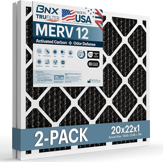 BNX TruFilter 20x22x1 MERV 12 Odor Defense (2-Pack) AC Furnace Air Filter with Activated Carbon - MADE IN USA - Pleated Air Conditioner HVAC AC Furnace Filters - Removes Odor, Mold, Bacteria, Smoke