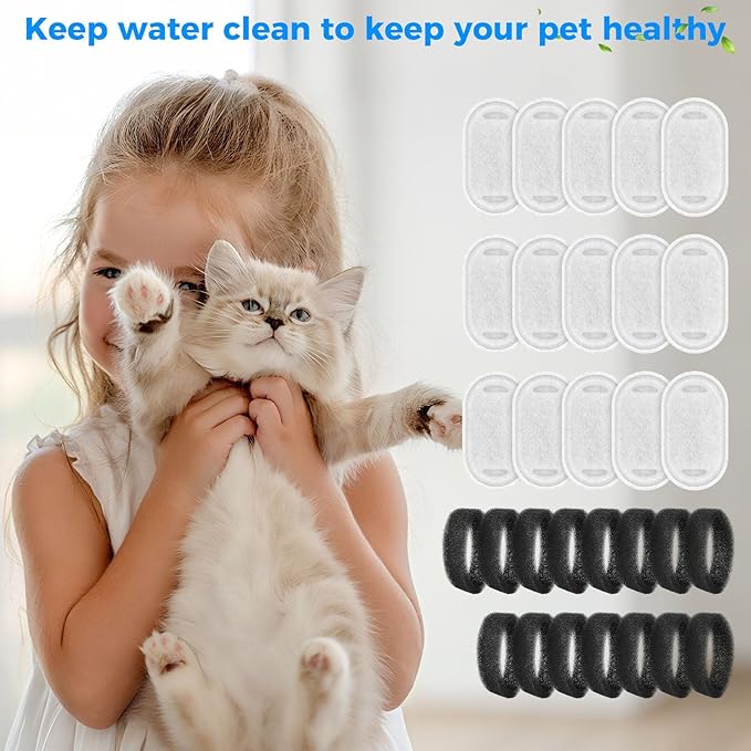 15+15 Pack Pet Water Fountain Filters, Cat Water Fountain Filters Replacement for Dog/Cat Fountain Stainless Steel 108oz/3.2L& 67oz/2L, 7 Months Set to Keep Drinking Fresh