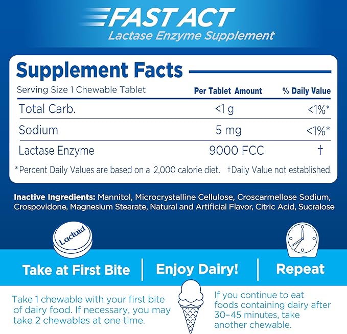 Lactaid Fast Act Lactose Intolerance Relief Chewables with Natural Lactase Enzyme to Prevent Gas, Bloating & Diarrhea Due to Lactose Sensitivity, On-The-Go, Vanilla Twist Flavor, 32 x 1 ct