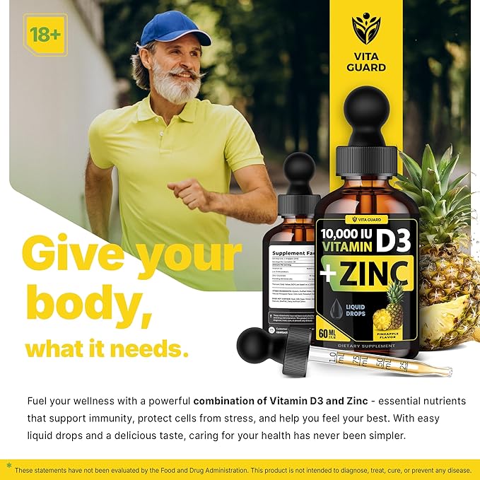 Vitamin D3 Drops with Zinc – 10,000 IU D3 & 15 mg Zinc Liquid Supplement – Immune Support for Men & Women – Sugar-Free Pineapple Flavor – 30-Day Supply