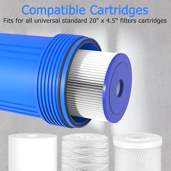 WHB20 Whole House Water Filter Housing, Fit 20"x4.5" Sediment etc Filters for Well and City Water, Big Filter Blue Pre-Filtration System for Home, 1" NPT Port, Pressure Release