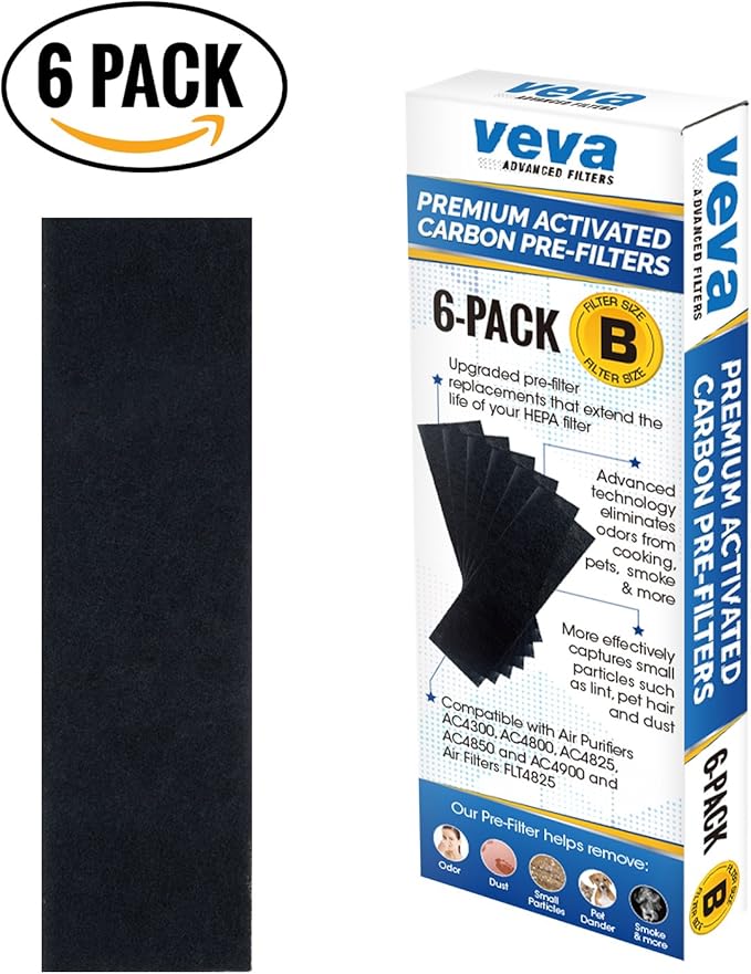 VEVA Replacement Pre Filter 6 Pack compatible with Germ Guardian Air Purifier Models AC4800 Series (AC4825, AC4825e) and Filter B FLT4825, Premium Carbon Activated