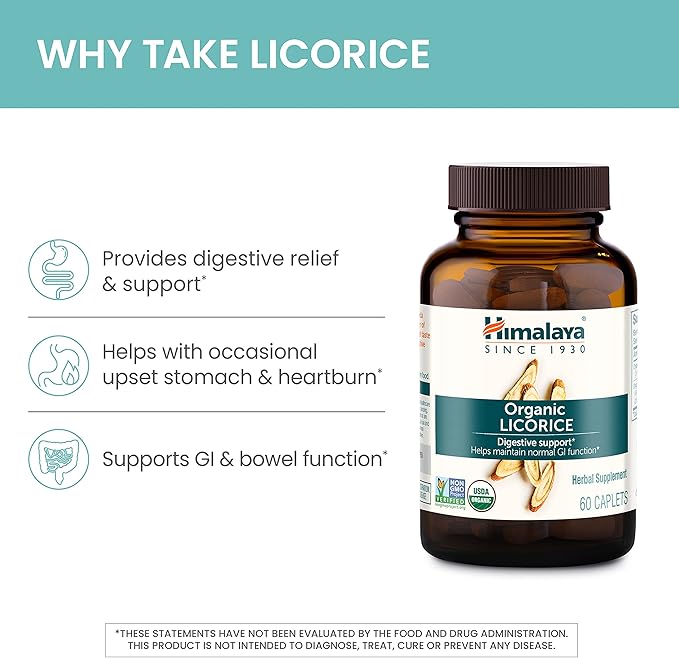Himalaya Organic Licorice, 120 Day Supply - Digestive Health Supplement for Upset Stomach, Occasional Bloating and Heartburn - USDA Organic, Vegan, Non-GMO, Non-DGL, Gluten Free, 60 Caplets, 2 Pack