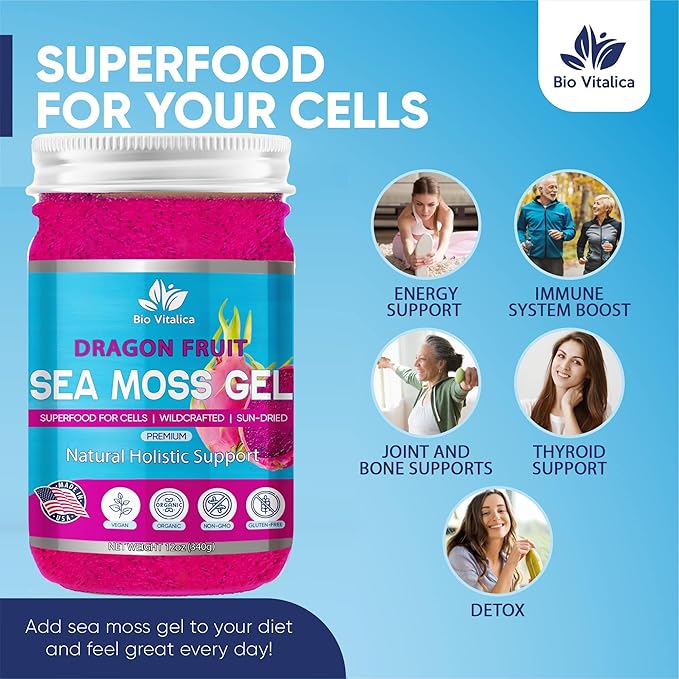 Sea Moss Gel by BioVitalica - Irish sea Moss raw Organic - Premium Quality - Dr Sebi, Vegan superfood for Cells - 100% Natural Seamoss Gel (Pack of 1, Dragon)