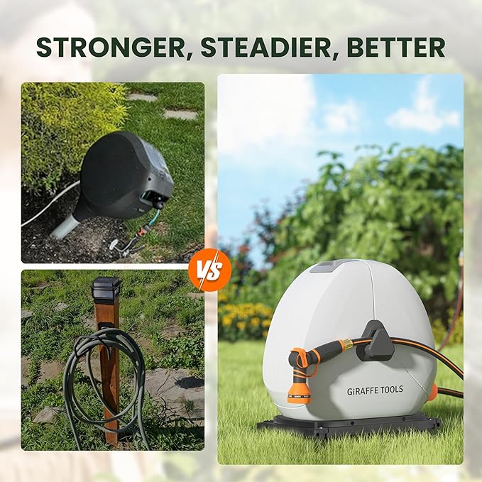 Giraffe Tools Ground Mounted Retractable Hose Reel 1/2 Inch x 130FT, Heavy Duty Automatic Rewind Garden Hose Reel, with Flexible Swivel Base for Lawn, Concrete Floor