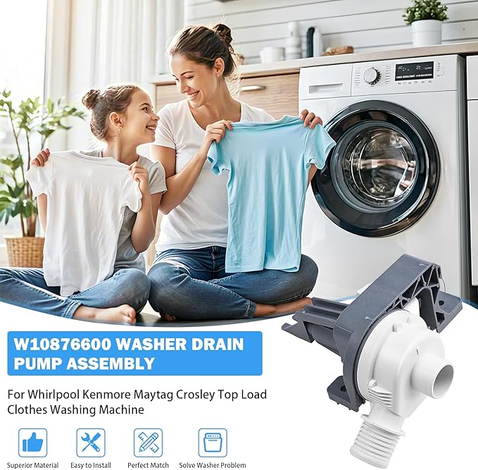 W10876600 W10727777 Washer Drain Pump Assembly Compatible with Whirlpool Kenmore Maytag Crosley Top Load Clothes Washing Machine Replacement Parts W10876600VP AP6004933 PS11738156 B25-3A04