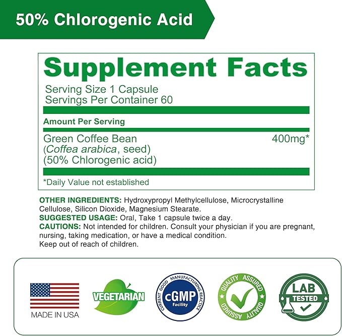 Lovita Green Coffee Bean Extract: Natural Antioxidant, High Potency, 50% Chlorogenic Acid, Vegan-Friendly Dietary Supplement - 60 Capsules (Pack of 3)
