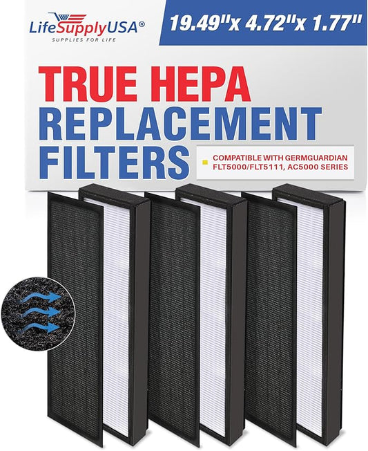 LifeSupplyUSA True HEPA Filter Replacement Compatible with GermGuardian FLT5000/FLT5111 AC5000 Series, Filter C Air Purifier (3-Pack)
