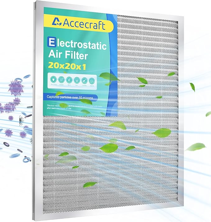 20x20x1 Electrostatic Air Filter, Washable & Reusable Aluminum AC/HVAC Furnace Filter, MERV 8, Lasts a Lifetime, Healthier Home or Office(Actual Size: 19.75"x19.75"x0.86")