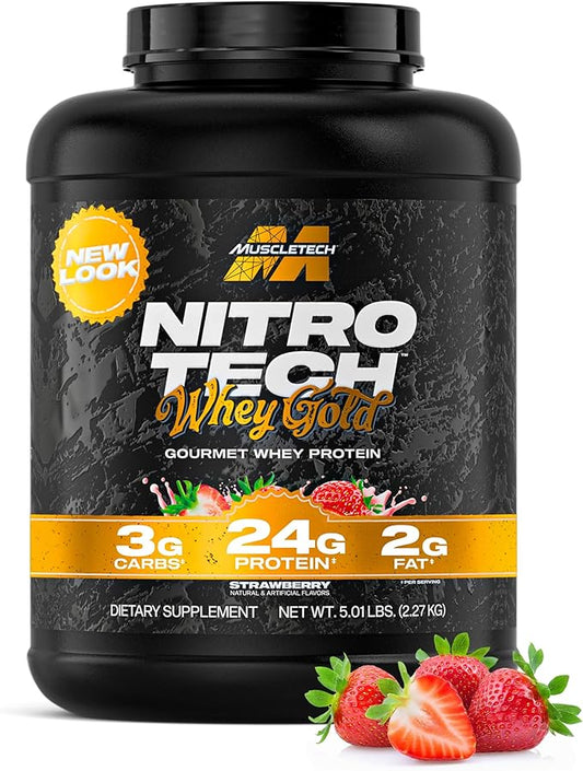 Muscletech Whey Protein Powder (Strawberry Shortcake, 5LB) - Nitro-Tech Whey Protein Isolate Smoothie Mix for Lean Muscle & Fast Recovery - 24g of Whey Gold Protein for Women & Men, Packaging May Vary