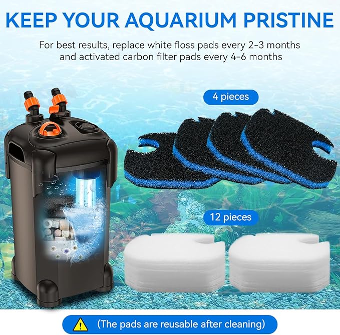 16 Pack Aquarium Canister Filter Pads Compatible with AMOSIJOY and PONDFORSE 172/225/265GPH, Replacement Aquarium Activated Carbon Sponge for Coospider-Repta (12 White Floss and 4 Coarse Filter Pads)