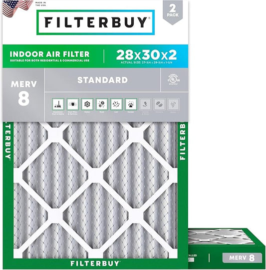 Filterbuy 28x30x2 Air Filter MERV 8 (MPR 700) Dust Defense Replacement (2-Pack), Electrostatic Pleated HVAC AC Furnace Filters, Made in USA (Actual Size: 27.75 x 29.75 x 1.75)