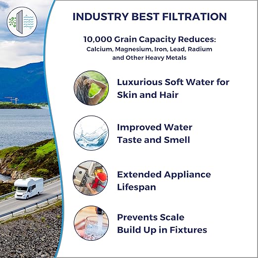 GoBluTech RV Water Softener, Stainless Steel Portable Water Softener, 10,000 Grain with Stainless Steel Garden Hose Quick Connects, RV Accessories Camper Vans and Travel Trailers - US Veteran Owned