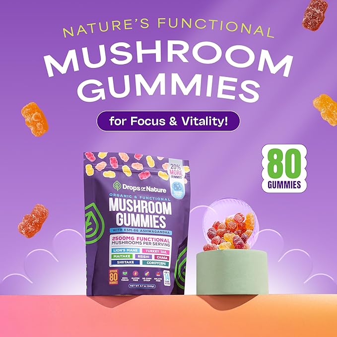 Ashwagandha Gummies and Lions Mane Mushroom Gummies Supplement - Organic - Reishi, Cordyceps, Turkey Tail, Maitake, Shitake, Chaga - Immune Defense, Boosts Cognitive Performance, Vegan, Low Carb