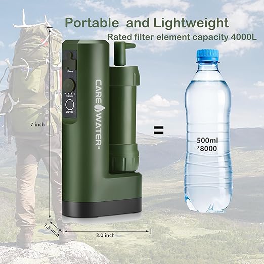 Pro Electric Water Purifier Survival w/Hand Pump, Portable Water Filter Camping Backpacking Hiking Outdoor Travel Emergency, Water Filtration System Survival, Water Purification Tablets Alternative