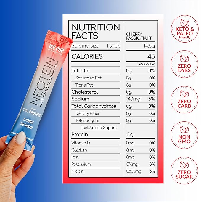 Electrolyte Powder Packets with 10g Protein & Collagen | Hydration Packets - Zero Sugar, NO Fillers, NO Carbs | Ice Pop | 40 Calories | Keto & Paleo | Pack of 15