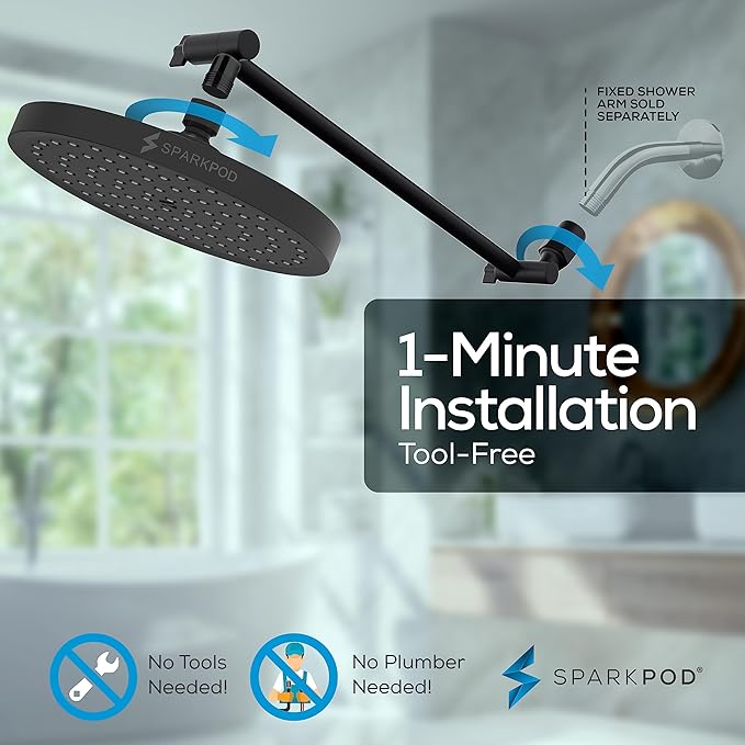 SparkPod Round Rain Shower Head with Extension Arm - Height Adjustable Shower Head with High Pressure Performance - Easy 1-Minute Installation (16" Arm Extension, Midnight Black Matte)