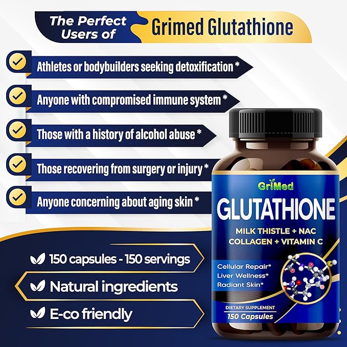 GriMed Glutathione 11,200mg - X10 Power with Milk Thistle, NAC, Collagen, Vitamin C - Cellular Wellness, Radiant Skin - USA Made & Tested (150 Count (Pack of 1))
