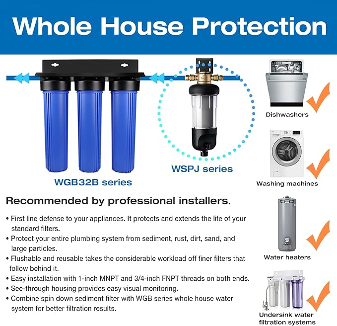 iSpring WSP500J Reusable Whole House Spin-Down Sediment Water Filter, Upgraded Jumbo Size, Large Capacity, 500-Micron Flushable Prefilter Filtration, 1" MNPT + 3/4" FNPT, Lead-Free Brass