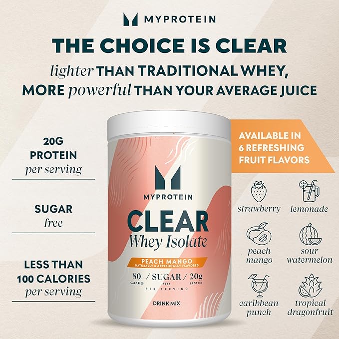 Myprotein Clear Whey Isolate Protein Powder, 1.1 Lb (20 Servings) Peach Mango, 20g Protein per Serving, Naturally Flavored Drink Mix, Daily Protein Intake for Superior Performance