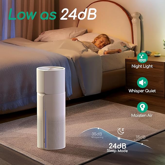 Afloia 2-in-1 Air Purifier & Humidifier Combo, Advanced 3-Stage Filtration, Whisper-Quiet Operation, Auto Shut-Off, 7-Color LED Light, Ideal for Pet Allergies & Smoke (White)