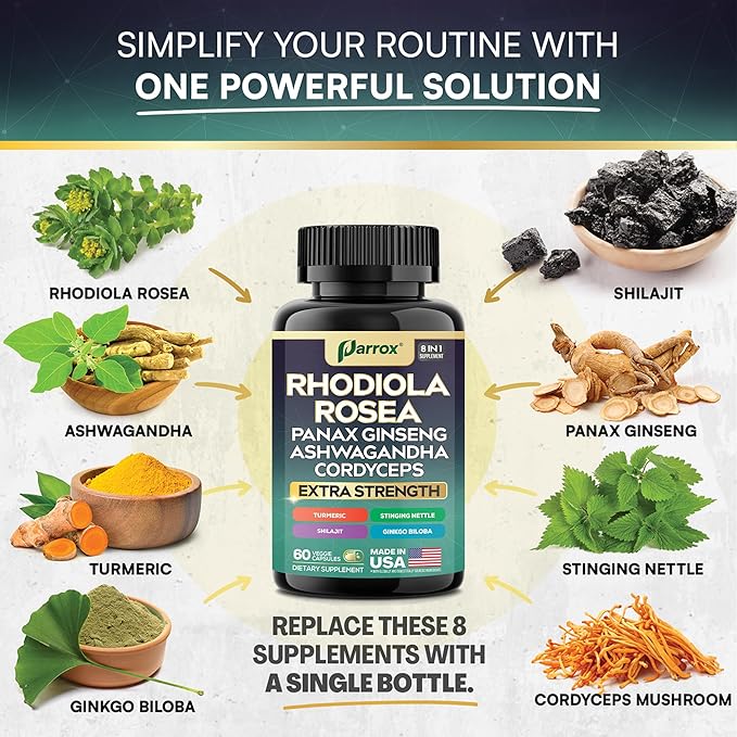 Rhodiola Rosea Panax Ginseng Ashwagandha Cordyceps Mushroom Turmeric Ginkgo Biloba Stinging Nettle Adaptogen Blend Supplement Capsules for Daily Wellness Support – 60 Capsules