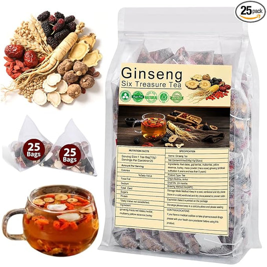 Ginseng Six Treasure Tea, Natural Traditional Chinese Tea 7 Ingredient Formula Ginseng Five Treasures with Wolfberry, Red Date Ginsengs and Mulberry Herbal Blend TeaBags for Women Men (25 Bags/1 Pack)