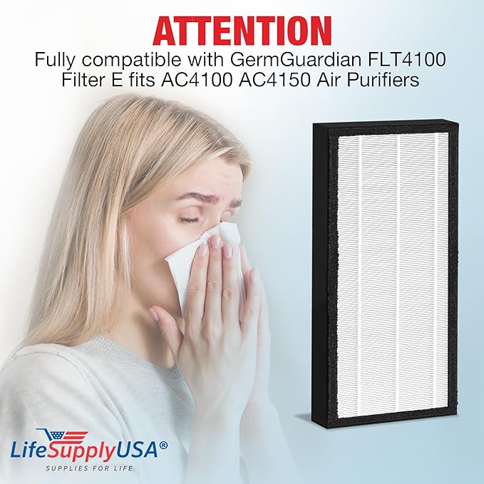 FLT4100 Filter E Replacement Compatible with GermGuardian AC4100, AC4150 Air Purifiers – HEPA + Carbon Pre-Filter Set by LifeSupplyUSA (1-Pack)