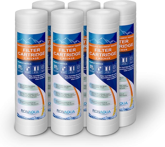 6 Grooved 1 Micron Sediment Water Filter Cartridges 10"x 2.5", Four Layers of Filtration, Removes Sand, Dirt, Silt, Rust, made from Polypropylene WELL-MATCHED with P5, AP110, WFPFC5002, CFS110, RS14