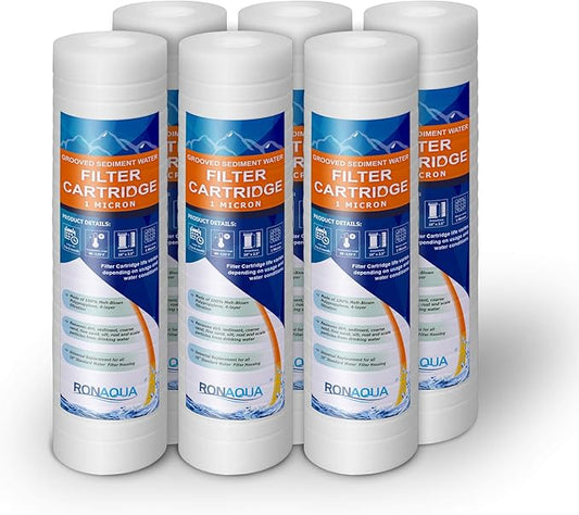6 Grooved 1 Micron Sediment Water Filter Cartridges 10"x 2.5", Four Layers of Filtration, Removes Sand, Dirt, Silt, Rust, made from Polypropylene WELL-MATCHED with P5, AP110, WFPFC5002, CFS110, RS14