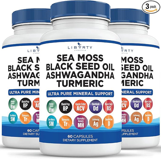 Sea Moss Black Seed Oil Ashwagandha Turmeric Bladderwrack Burdock - with Manuka, Honey Dandelion, ACV Black Pepper Gluten Free - 3-Pack