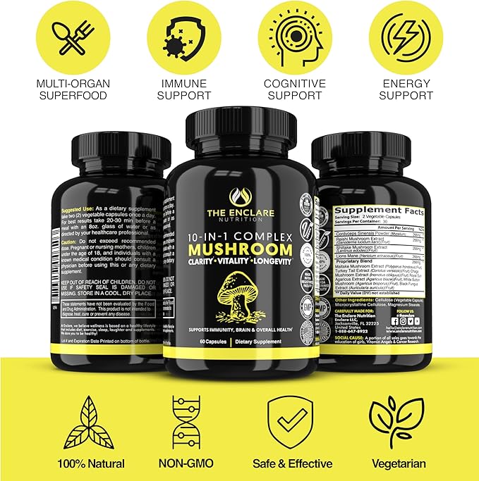 THE ENCLARE NUTRITION Mushroom Supplement - 10in1 Complex Immune Support, Energy, Nootropic Brain, Immunity Booster Lions Mane,Reishi,Turkey Tail,Cordyceps,Chaga,Maitake,Shiitake,Agaricus(3)