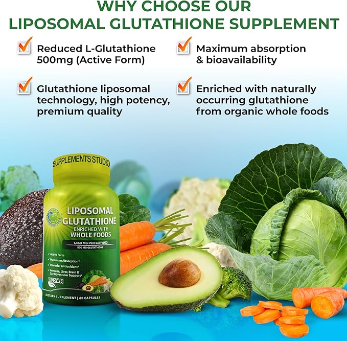 Liposomal Glutathione 500mg - Active Form L Glutathione (Reduced) for Maximum Absorption - Made with Organic Whole Foods - Master Antioxidant & Detoxifier - Immune & Cardiovascular Support - 60 Count