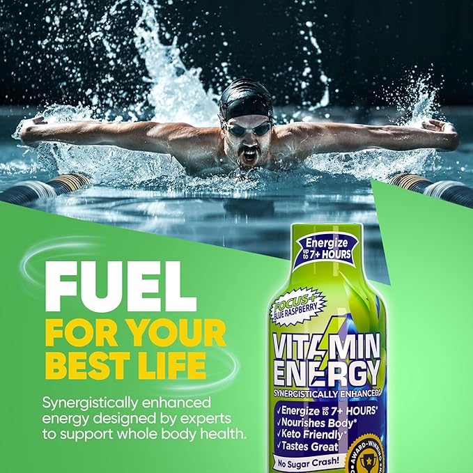 Vitamin Energy Focus+ Extra Strength Energy Shot Blue Raspberry 12 Pack, 260mg Natural Caffeine, B-Vitamins, CoQ10, Amino Acids, Focus, Productivity & Clarity, Zero Sugar, Gluten-Free, 1.93 fl oz