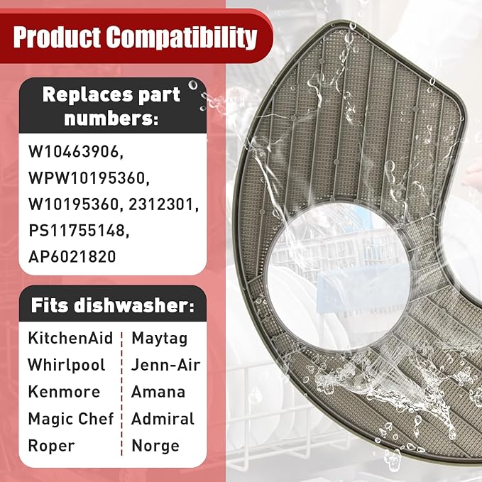 2-Pack WPW10463906 Dishwasher Screen Filter- Compatible with Whirlpool KitchenAid Amana Maytag Kitchen Dishwashers - Replaces WPW10195360,2312301,PS11755148,AP6021820