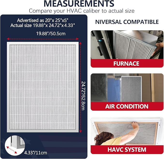20x25x5 Washable Electrostatic Air Filter, MERV 8 Aluminum AC/HVAC Furnace Filter, Reusable Permanent Air Filter, Lasts a Lifetime, Increases Airflow（Actual Size:19.76"x24.72"x4.33")