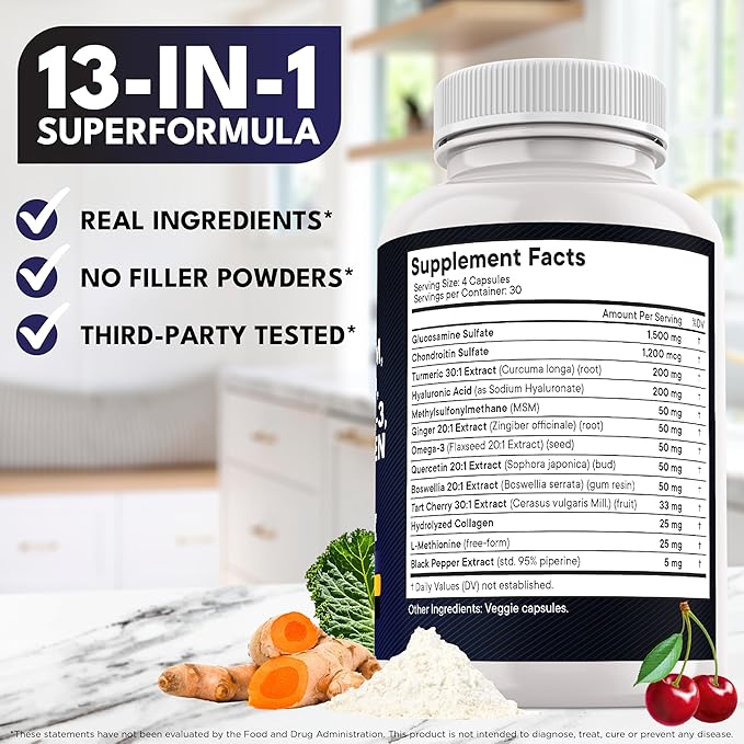 Glucosamine Chondroitin, MSM, Turmeric Curcumin, Collagen, Hyaluronic Acid, Omega 3 – Health Supplement for Men & Women – 360 Count