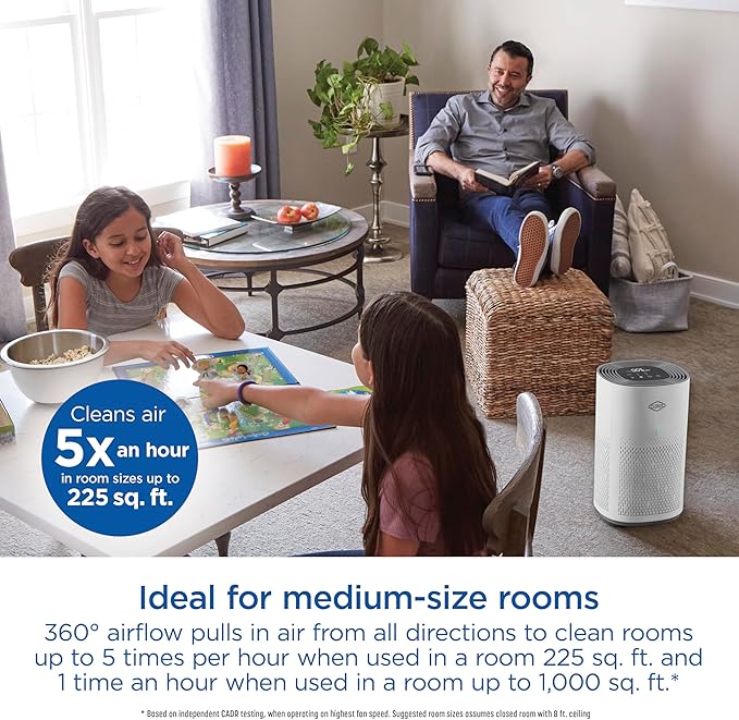 Clorox Air Purifiers for Home, True HEPA Filter, Medium Rooms Up to 1,000 Sq Ft, Removes 99.9% of Mold, Viruses, Wildfire Smoke, Allergens, Pet Allergies, Dust, AUTO Mode, Whisper Quiet