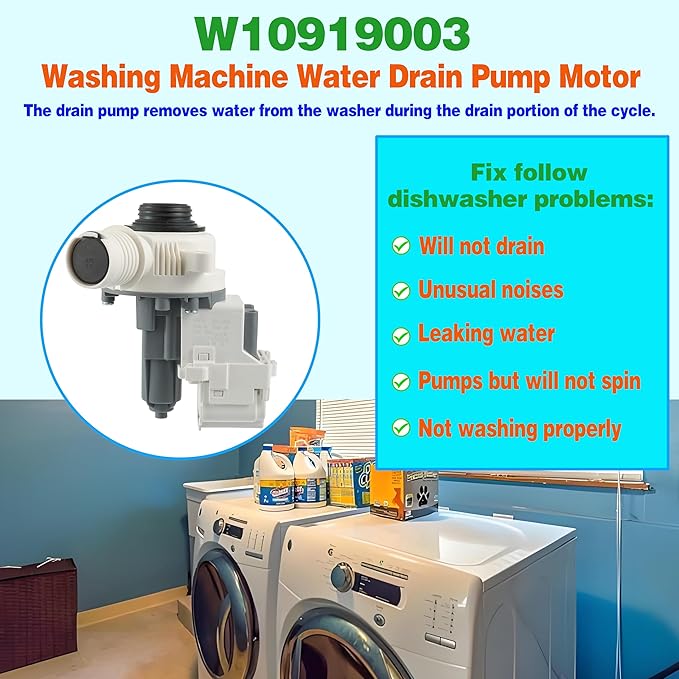 W10919003 W10775446 Washer Drain Pump Compatible With Whirlpool Kenmore Maytag Clothes Washer Washing Machine Water Drain Pump and Motor Replacement Parts for: AP6038235 4461359 PS11770076