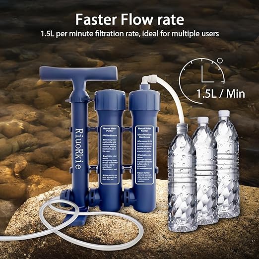 Water Purifier Survival Water Purification - Water Filter Camping Filtration System Survival Emergency, Hand Pump, 1.5L/Min High-Volume, 3-Stage Water Purification System for Group Camping and Etc