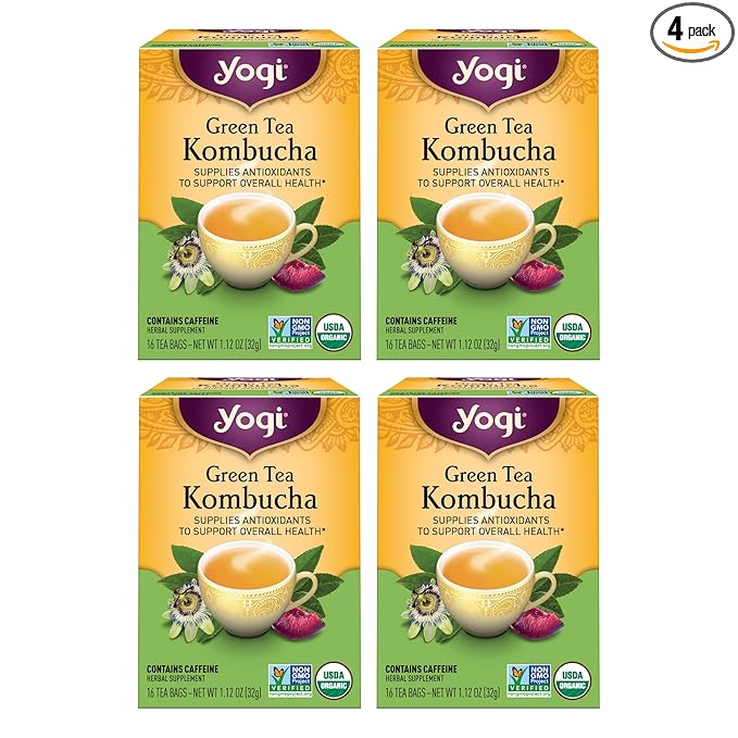Yogi Tea Green Kombucha Tea - 16 Bags per Pack (4 Packs) - Organic - With Kombucha to Support Overall Health - Includes Lemongrass, Spearmint Leaf & More