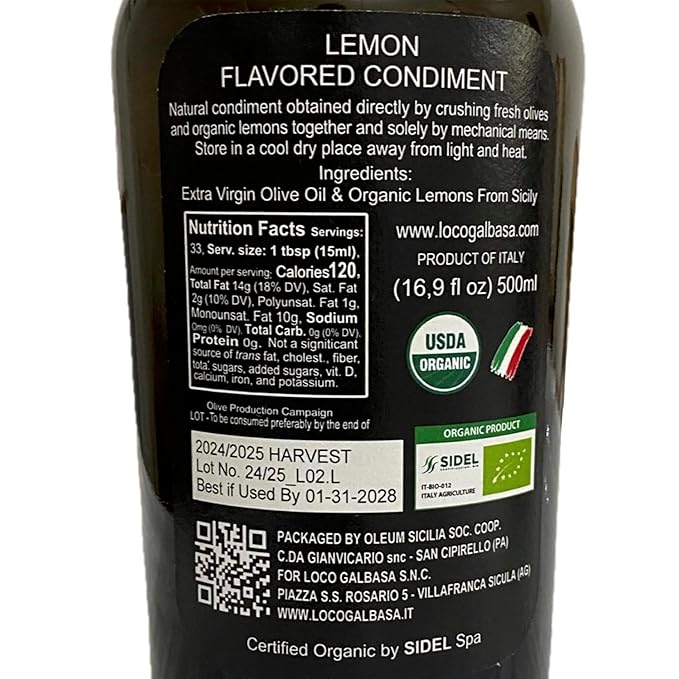 Galbasa - Organic Lemon Oil from Sicily, Italy - First Cold Pressed Extra Virgin Olive Oil and Fresh Lemons - Polyphenol Rich, No Pesticides | 16.9 fl oz