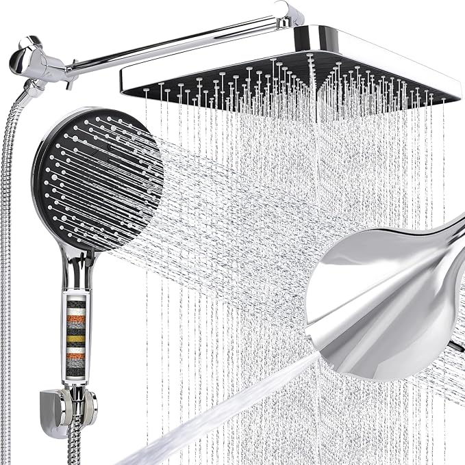 Shower Head 14'' High Pressure Rain Shower Head Combo, Filtered Handheld with 10 Water Spray, 3-Way Diverter Extension Arm Rainfall Showerhead, Adjustable Shower head with Anti-Clog Nozzles
